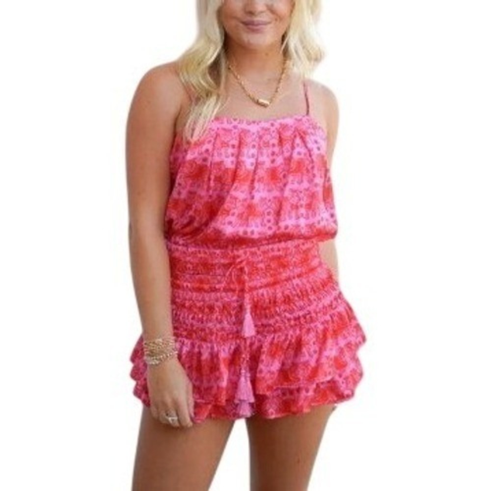 Womens 100% Silk Smocked Ruffle Skort M Pink Red Bulldog Ballet Luxury Festival